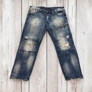 AKOO Men’s Denim Blue Paint Splatter Distressed Baggy Jeans ~ Size 44x32